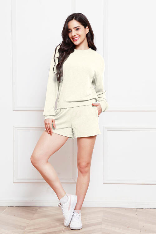 Round Neck Long Sleeve Top and Shorts Set