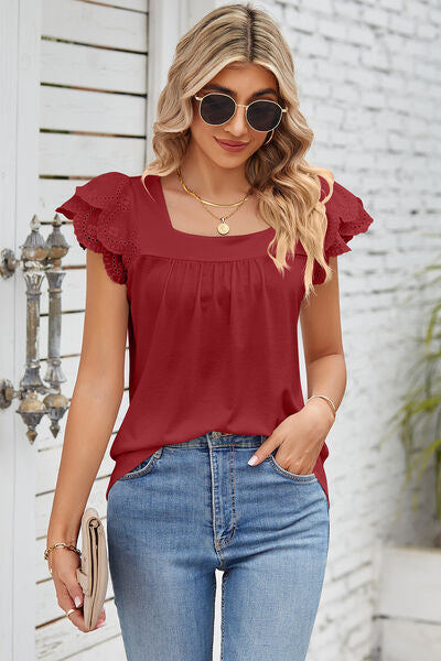 Eyelet Square Neck Cap Sleeve Blouse