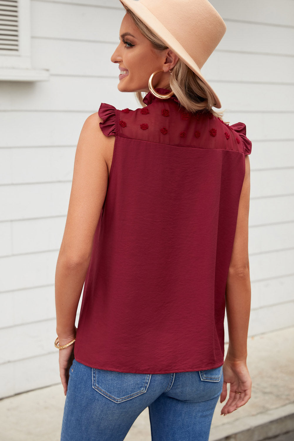 Swiss Dot Buttoned Ruffle Trim Tank Top