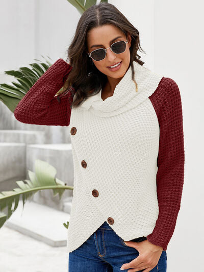 Contrast Decorative Button Turtleneck Sweater