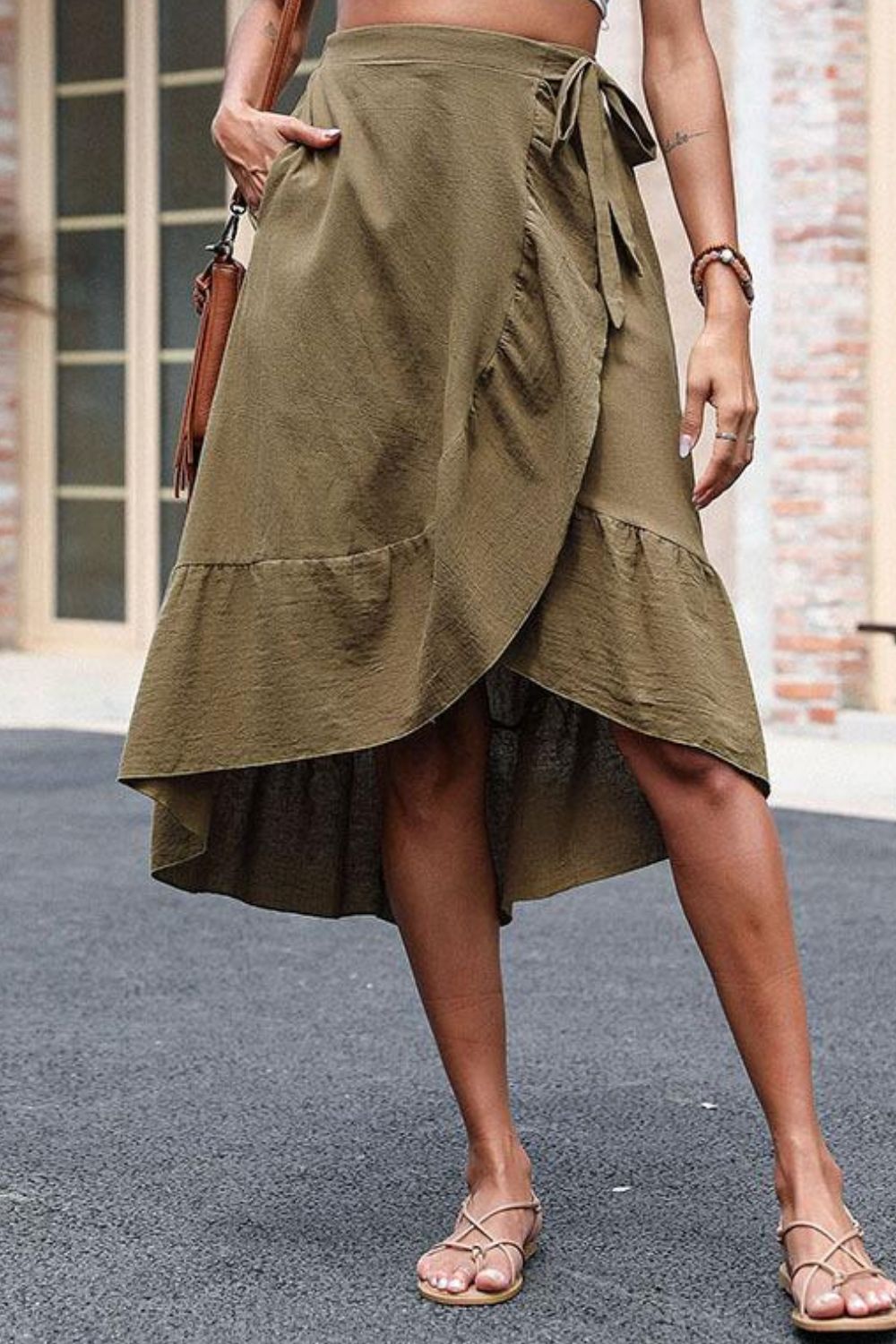 Woman wearing Olive Ruffled Skirt with Pockets