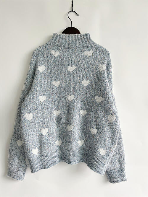 Heart Heathered Turtleneck Drop Shoulder Sweater