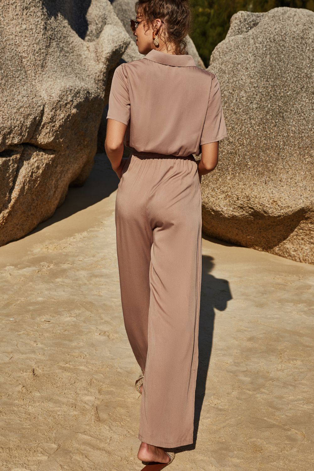 Woman wearing Tan Color Collared Jumpsuit