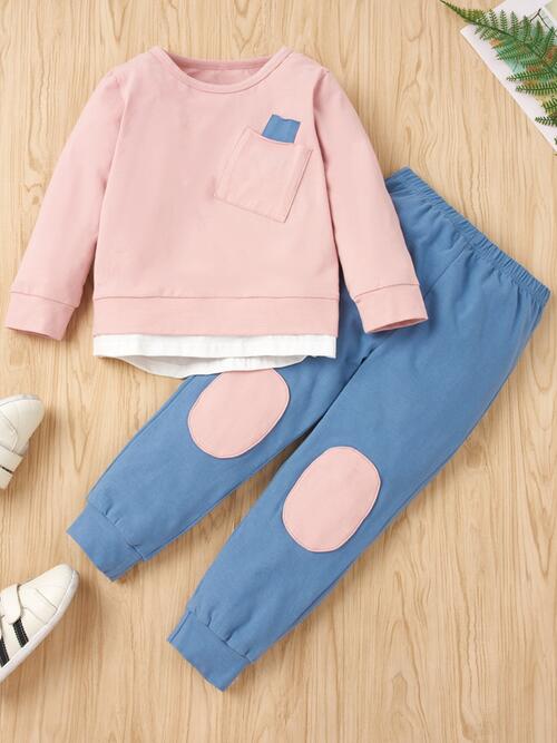 Round Neck Top and Contrast Pants Set