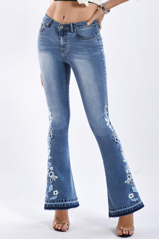 Flower Embroidery Wide Leg Jeans