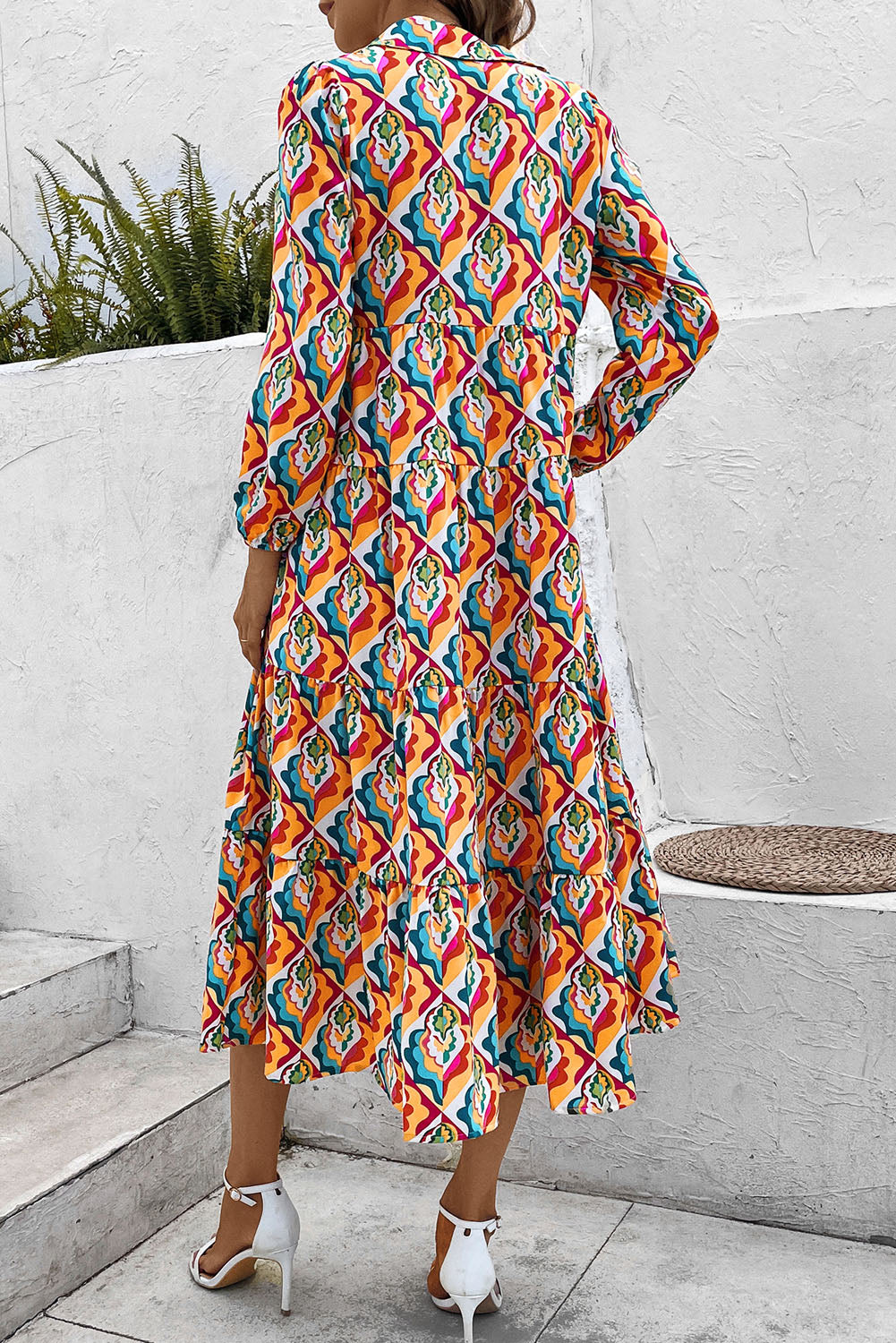 Printed Collared Neck Long Sleeve Dress