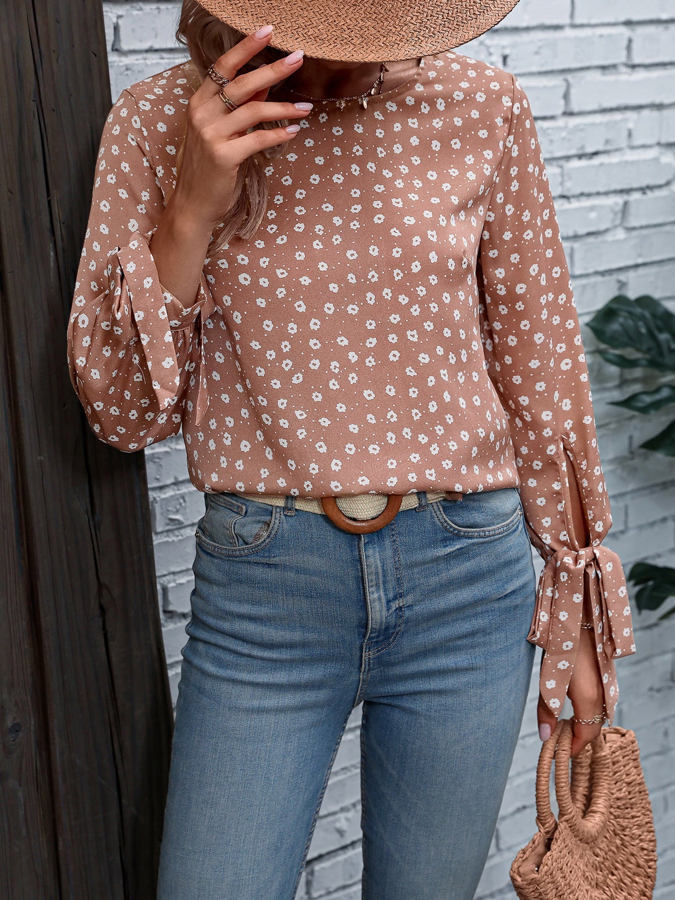 Printed Round Neck Tie Cuff Blouse