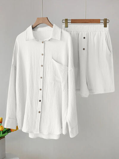 Button Up Dropped Shoulder Top and Shorts Set