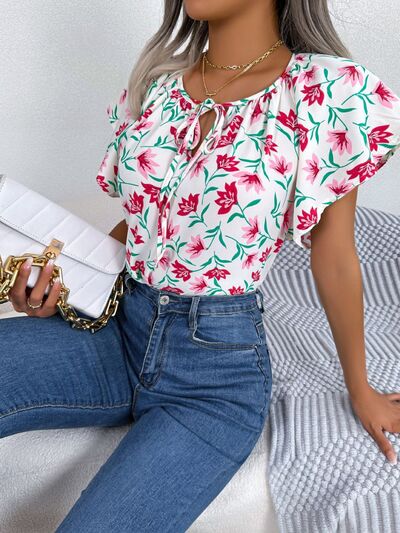 Floral Tie Neck Flutter Sleeve Blouse