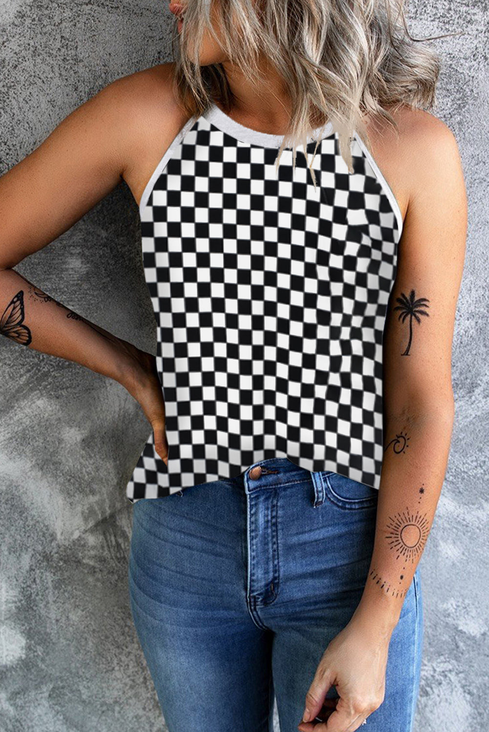 Checkered Grecian Neck Tank