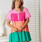 Color Block Buttoned Puff Sleeve Dress