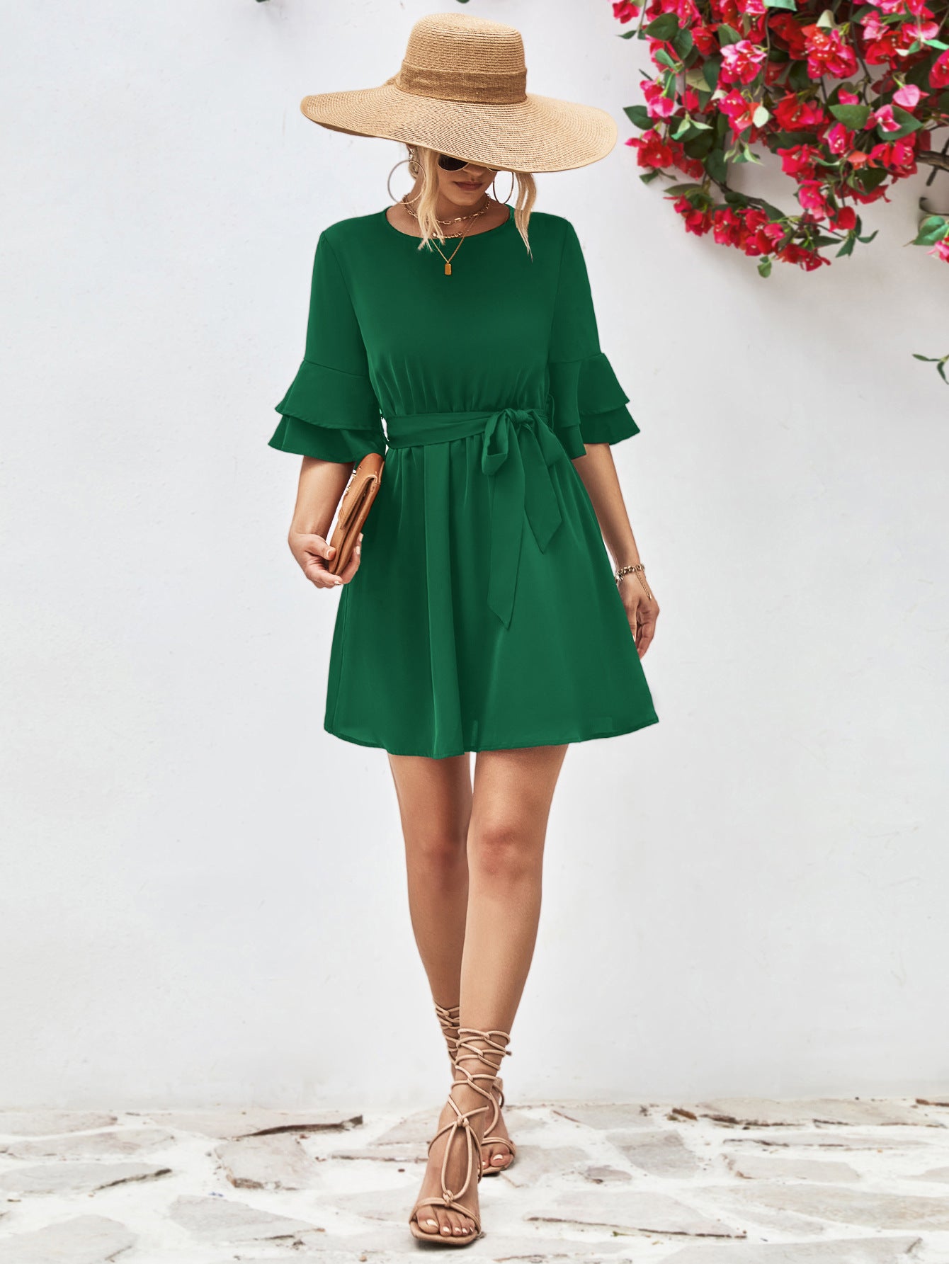 Round Neck Tie Belt Flounce Sleeve Dress