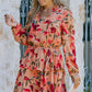 Floral Tie Neck Long Sleeve Layered Dress