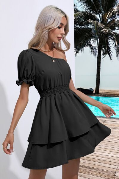 Layered Single Shoulder Flounce Sleeve Mini Dress