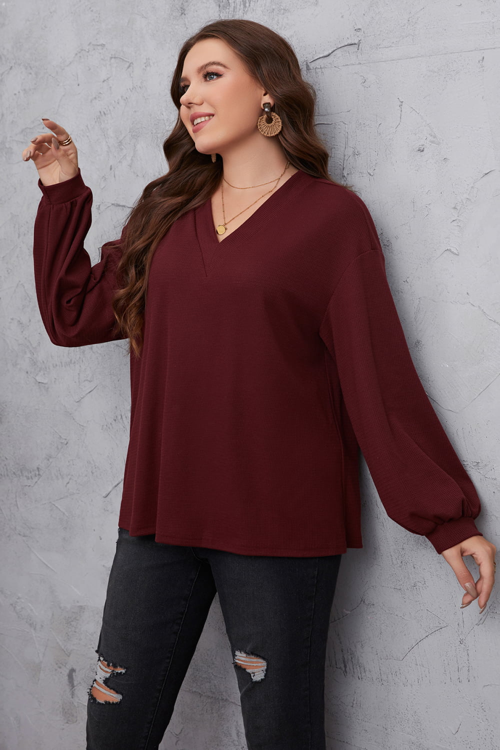 Melo Apparel Plus Size V-Neck Dropped Shoulder Blouse