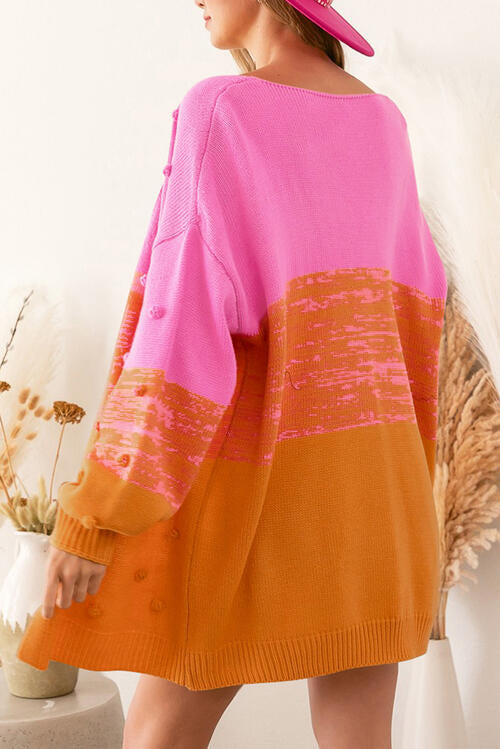 Color Contrast Ball Decoration Medium Long Cardigan