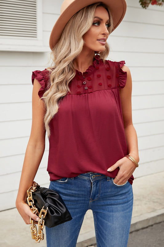 Swiss Dot Buttoned Ruffle Trim Tank Top