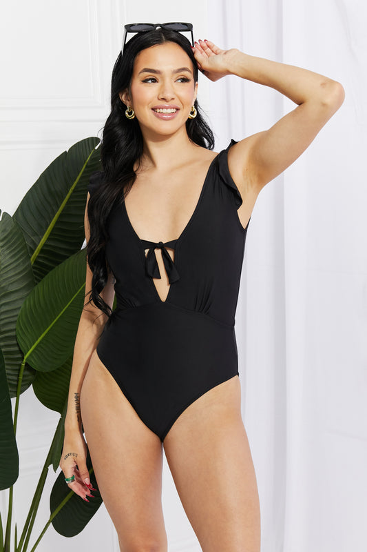 Marina West Swim Seashell Ruffle Sleeve One-Piece Swimsuit in Black