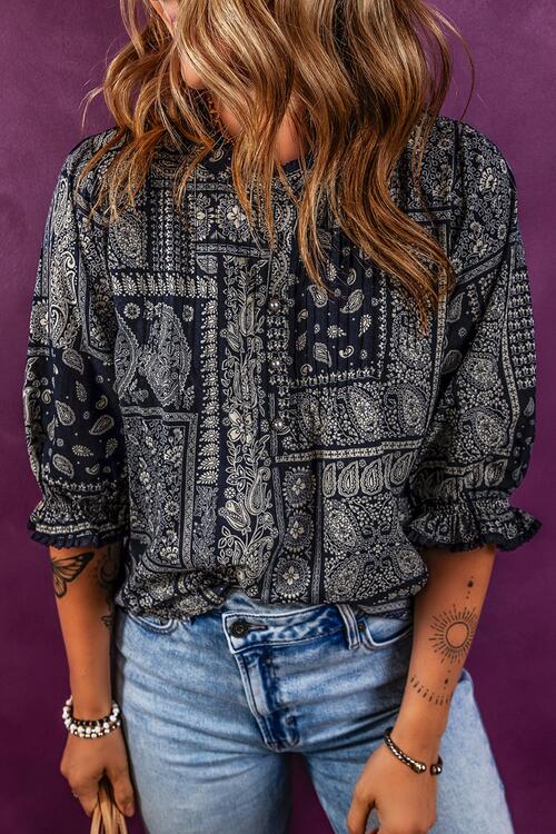 Printed Buttoned Flounce Sleeve Blouse