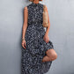 Printed Mock Neck Sleeveless Belted Tiered Dress