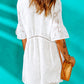 Woman wearing White Applique Flounce Sleeve Mini Dress