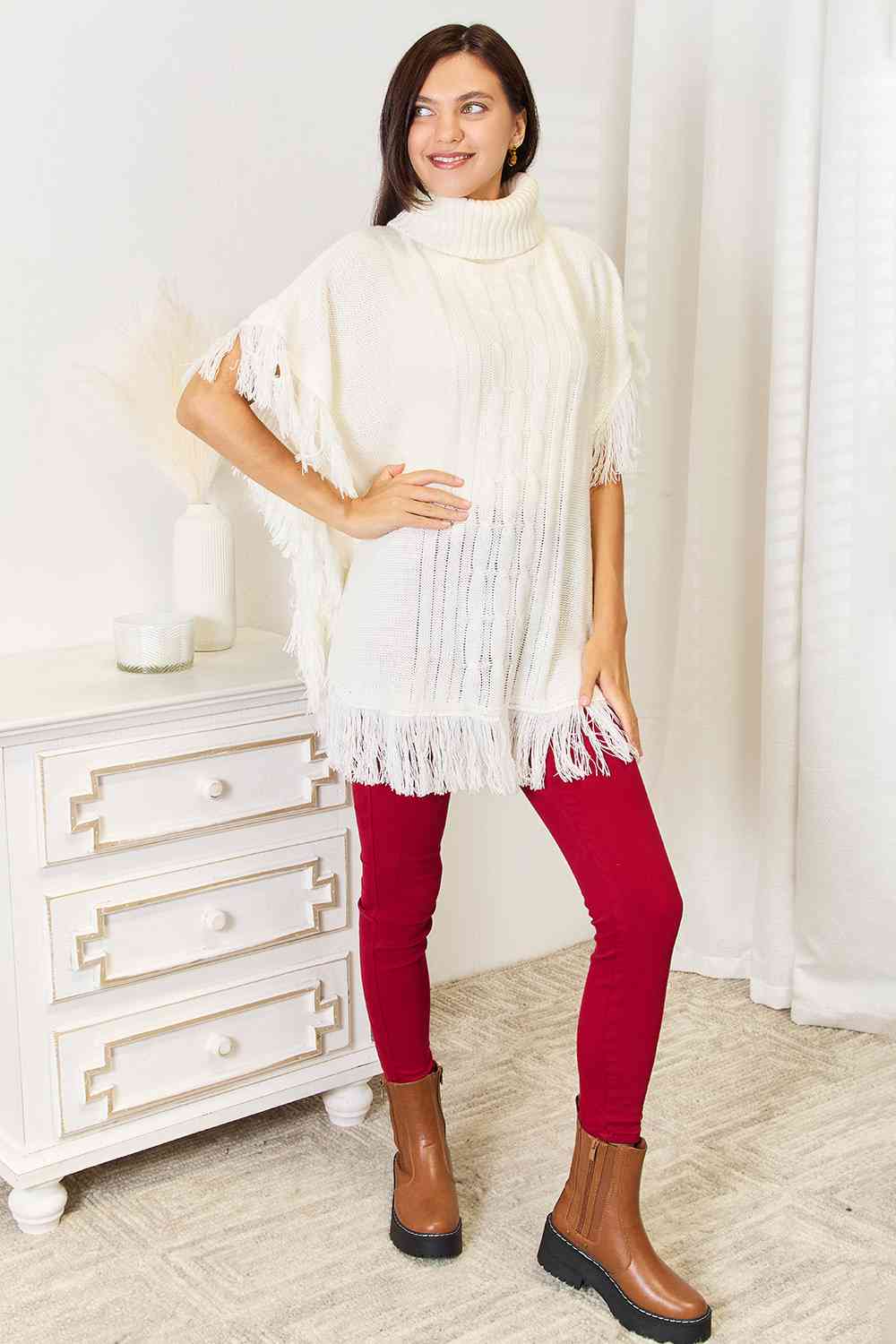 Turtle Neck Fringe Poncho