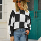 Checkered Round Neck Dropped Shoulder Sweater