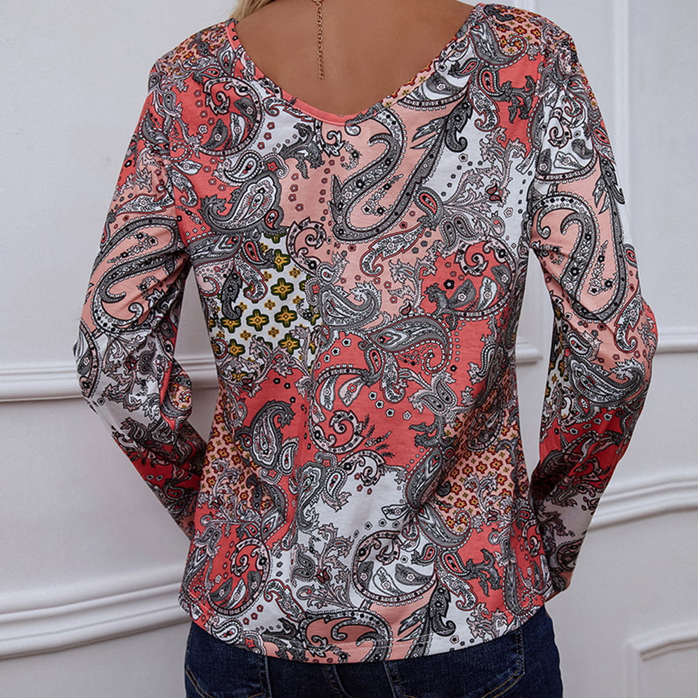 Printed V-Neck Long Sleeve Blouse