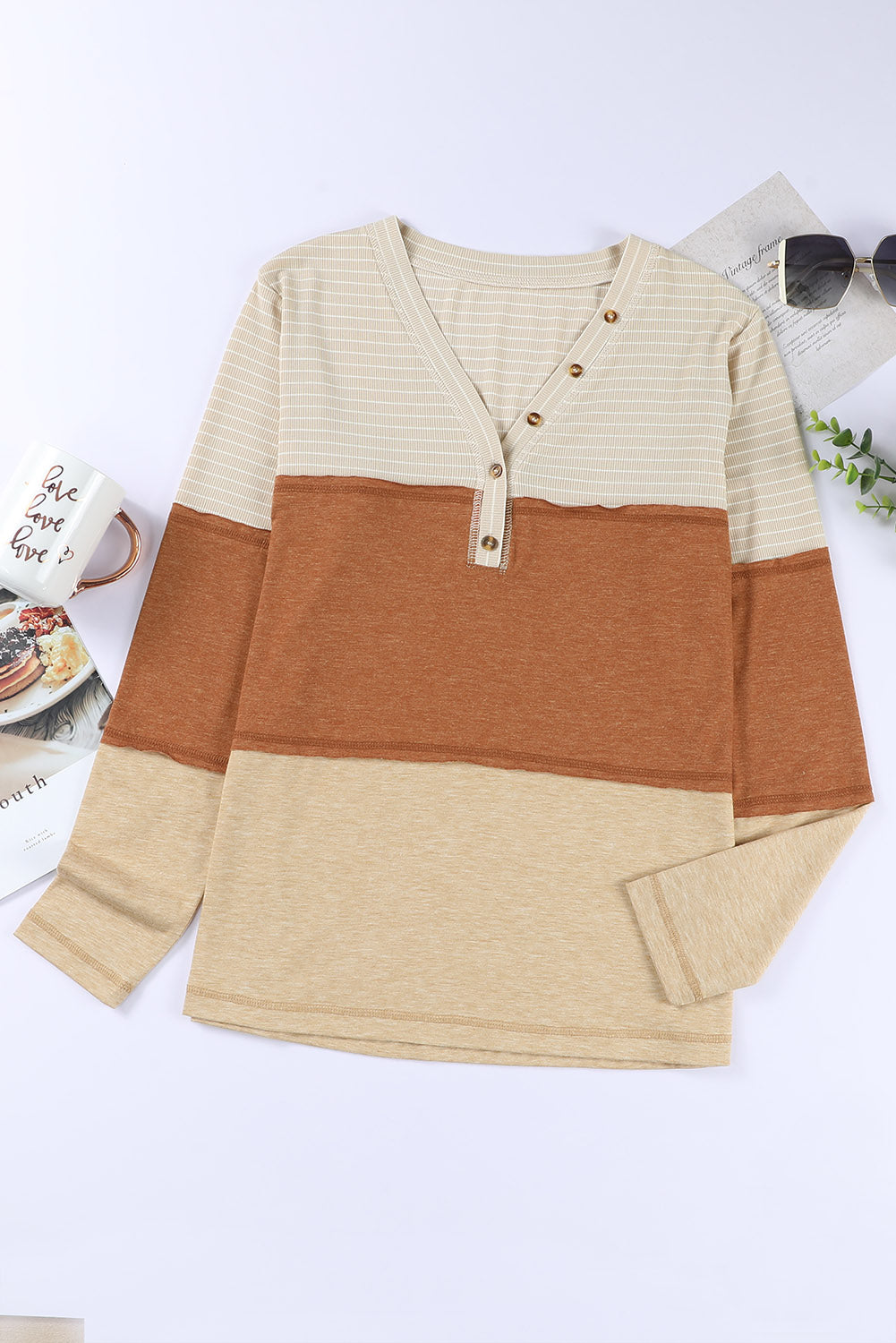 Buttoned Color Block Long Sleeve Top