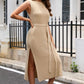 Round Neck Tie Belt Slit Sleeveless Sweater Dress