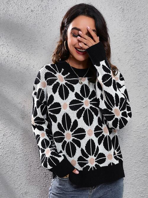 Floral Round Neck Long Sleeve Sweater