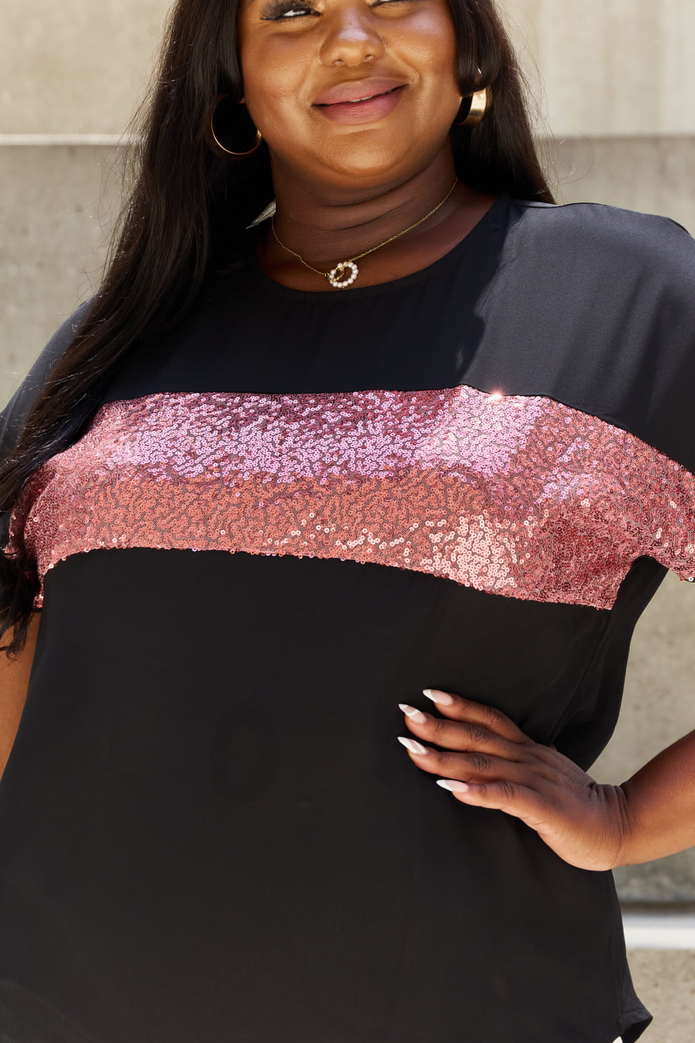 Center Mesh Sequin Top in Black/Mauve