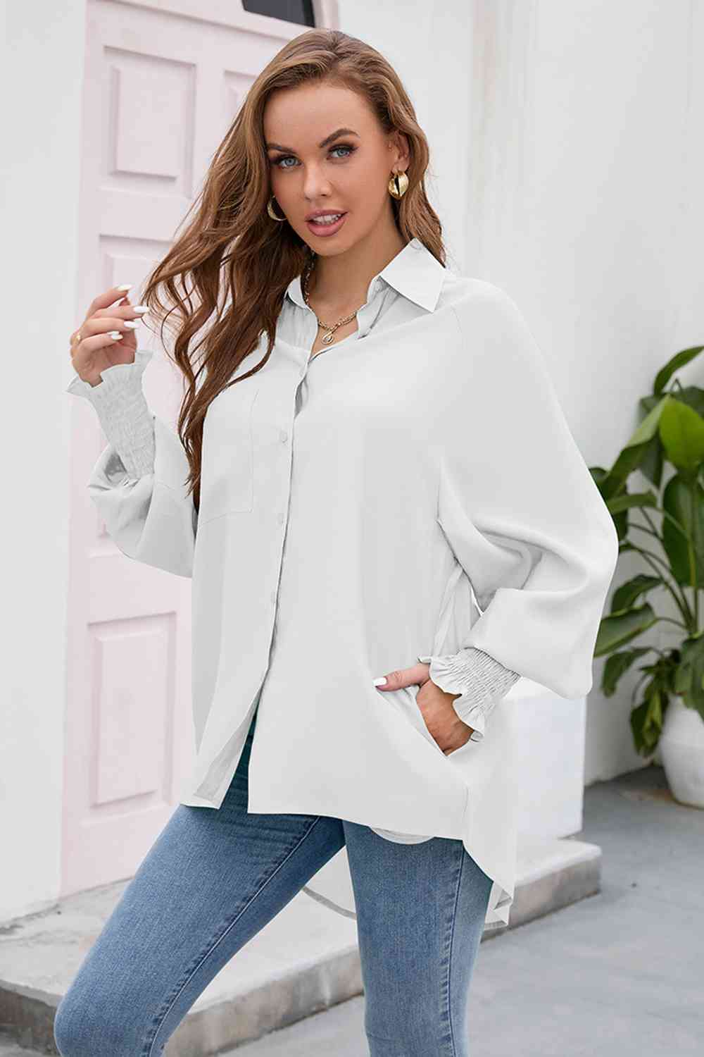 High-Low Collared Neck Lantern Sleeve Shirt