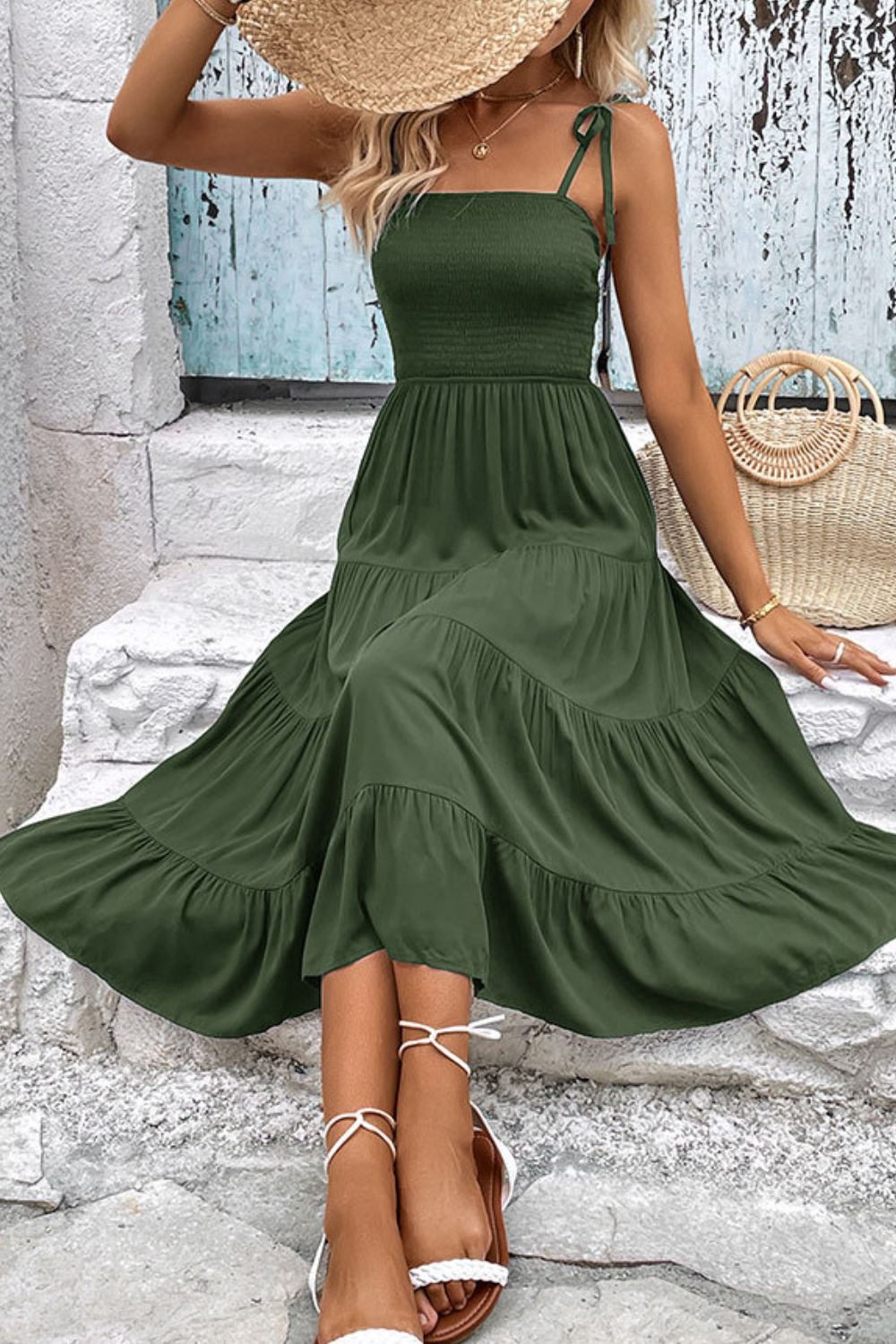 Tie-Shoulder Tiered Midi Dress