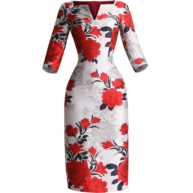  Red Floral Print Jacquard Midi Dress